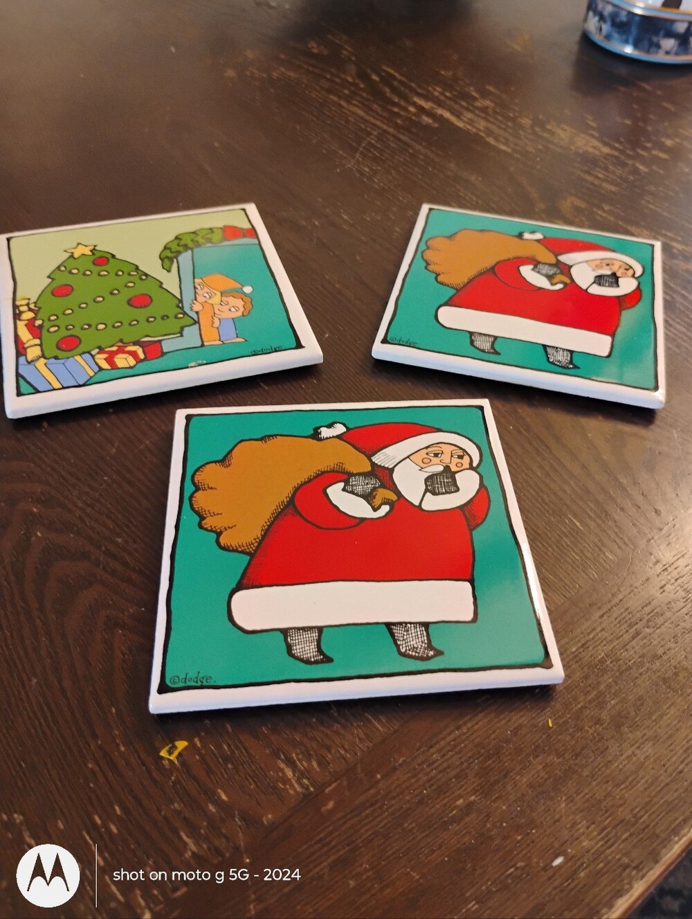 Santa Ceramic Coasters - Teal Background (Set of 3)